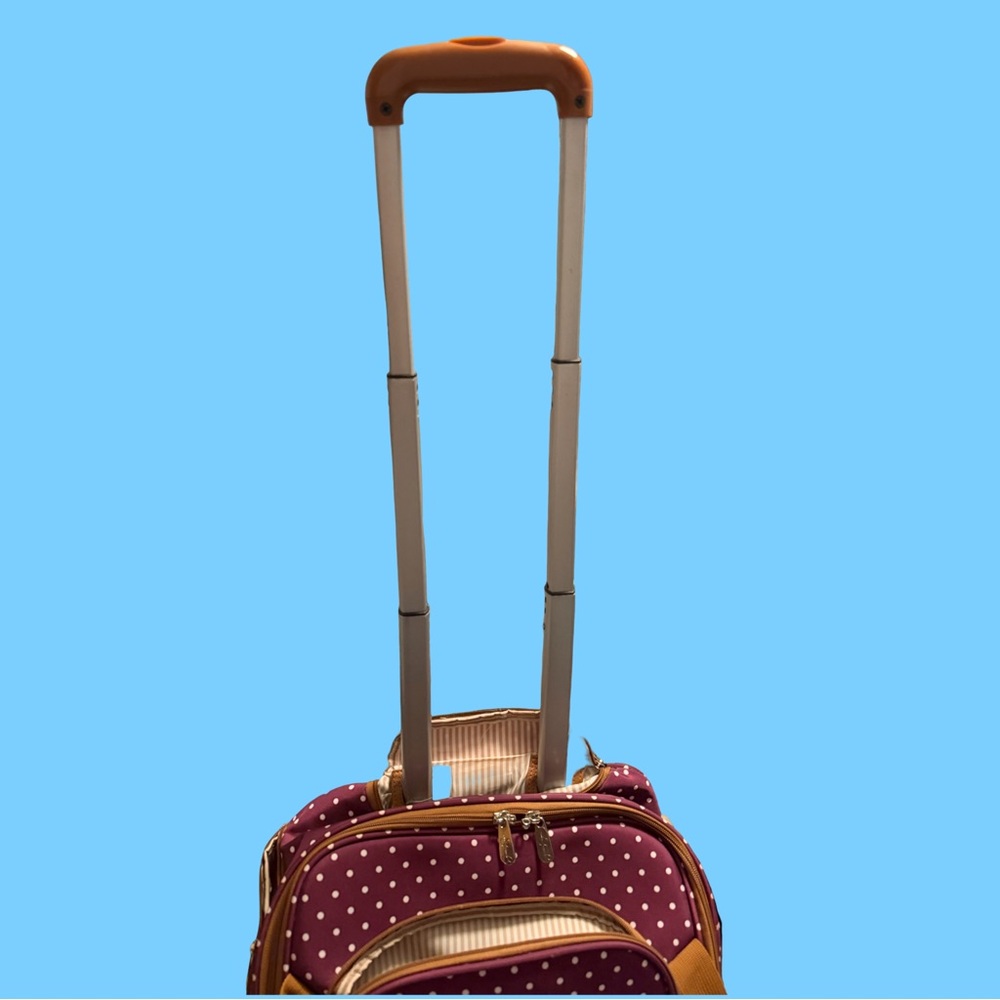 Jessica Simpson Burgundy Polka Dot Rolling Travel Bag with Tan Straps - Picture 3 of 8